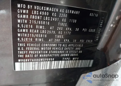 2016 Volkswagen Tiguan S z USA, uszkodzony, nr VIN WVGBV7AX8GW598856